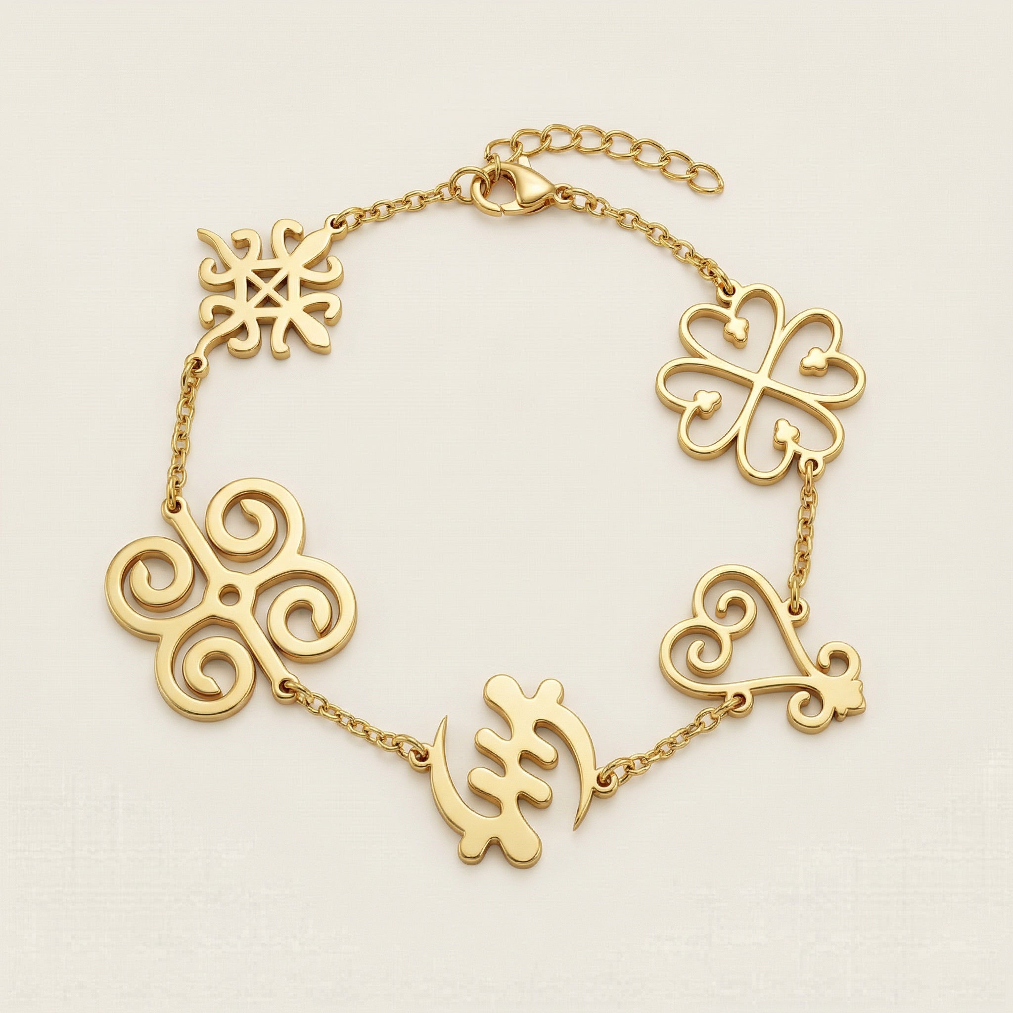 Multi Adinkra Symbols Bracelet (Gold)
