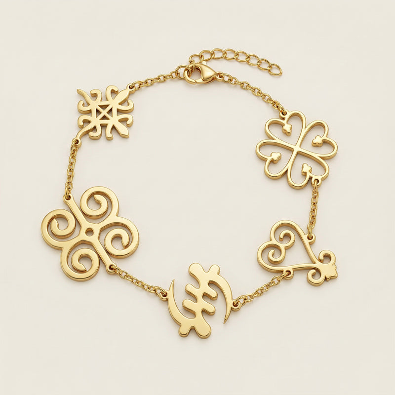 Multi Adinkra Symbols Bracelet (Gold)