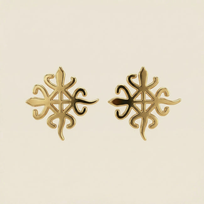 Funtunfunefu Denkyemfunefu "Unity"Adinkra Symbol  Stud Earrings (Gold) Hover Image